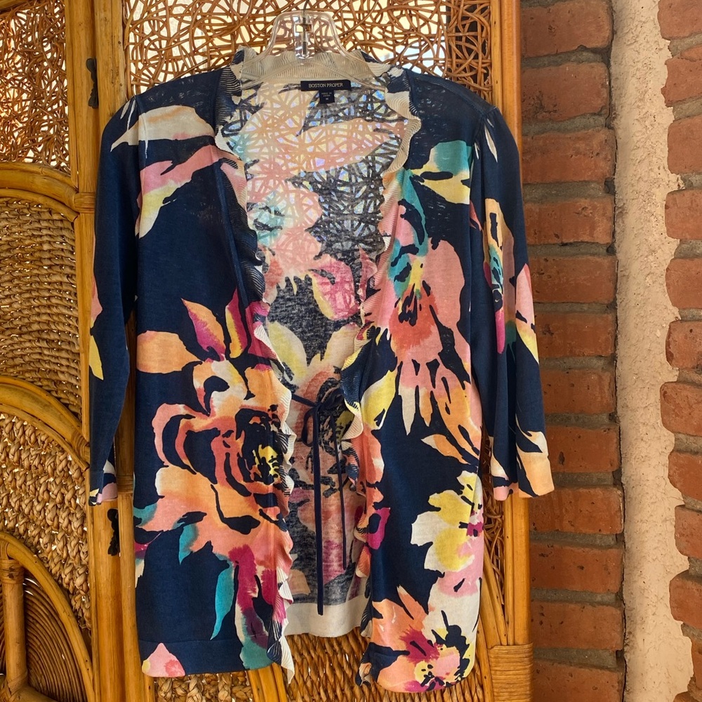 Boston Proper Multicolor Floral Cardigan Ruffled Collar Great Condition